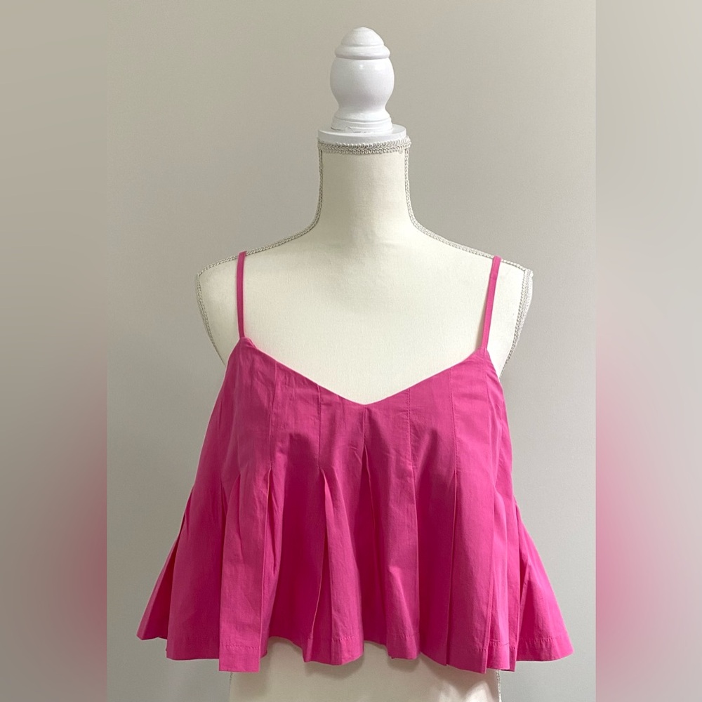 New In Womens L Solid Pink Babydoll Crop Top Boho Y2K Euro-Summer Preppy Chic